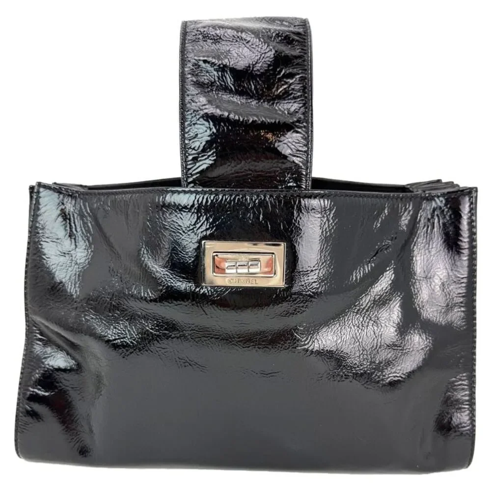 Chanel Patent Mademoiselle lock Convertible Wrist Clutch Black Bag